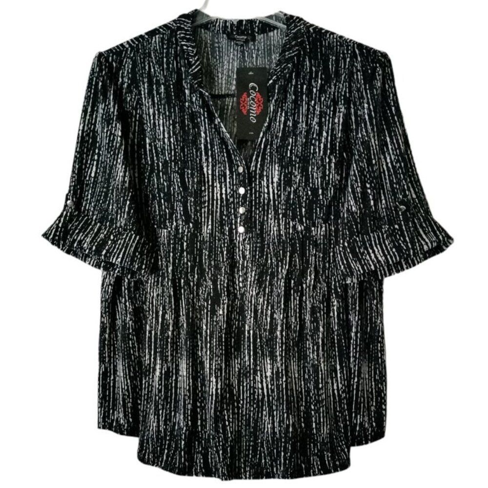NWT Cocomo Plus Size 3X Black & Ivory Geo Print Pintuck 3/4 Sleeve Top - Picture 1 of 7